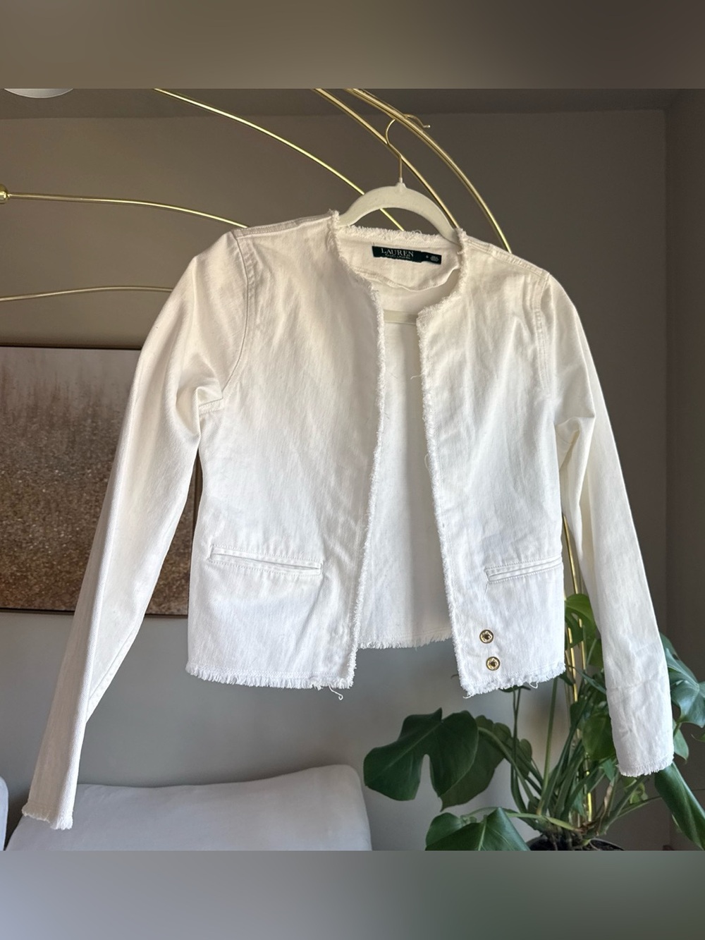 Vintage Lauren Ralph Lauren White Frayed-Edge Cotton Jacket with Gold Buttons